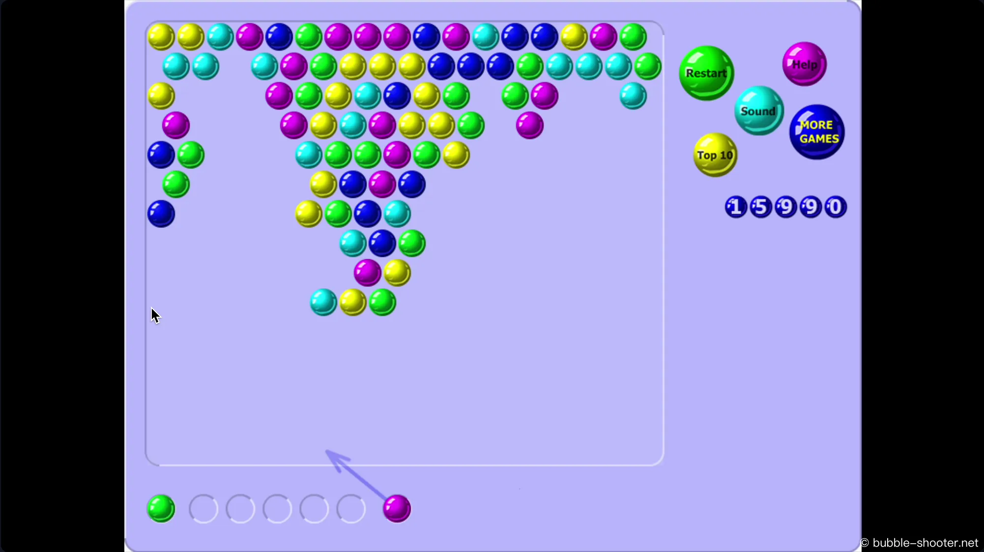 Demonstration of a bank shot trick in Bubble Shooter, bouncing a bubble off the wall to reach and pop a difficult target