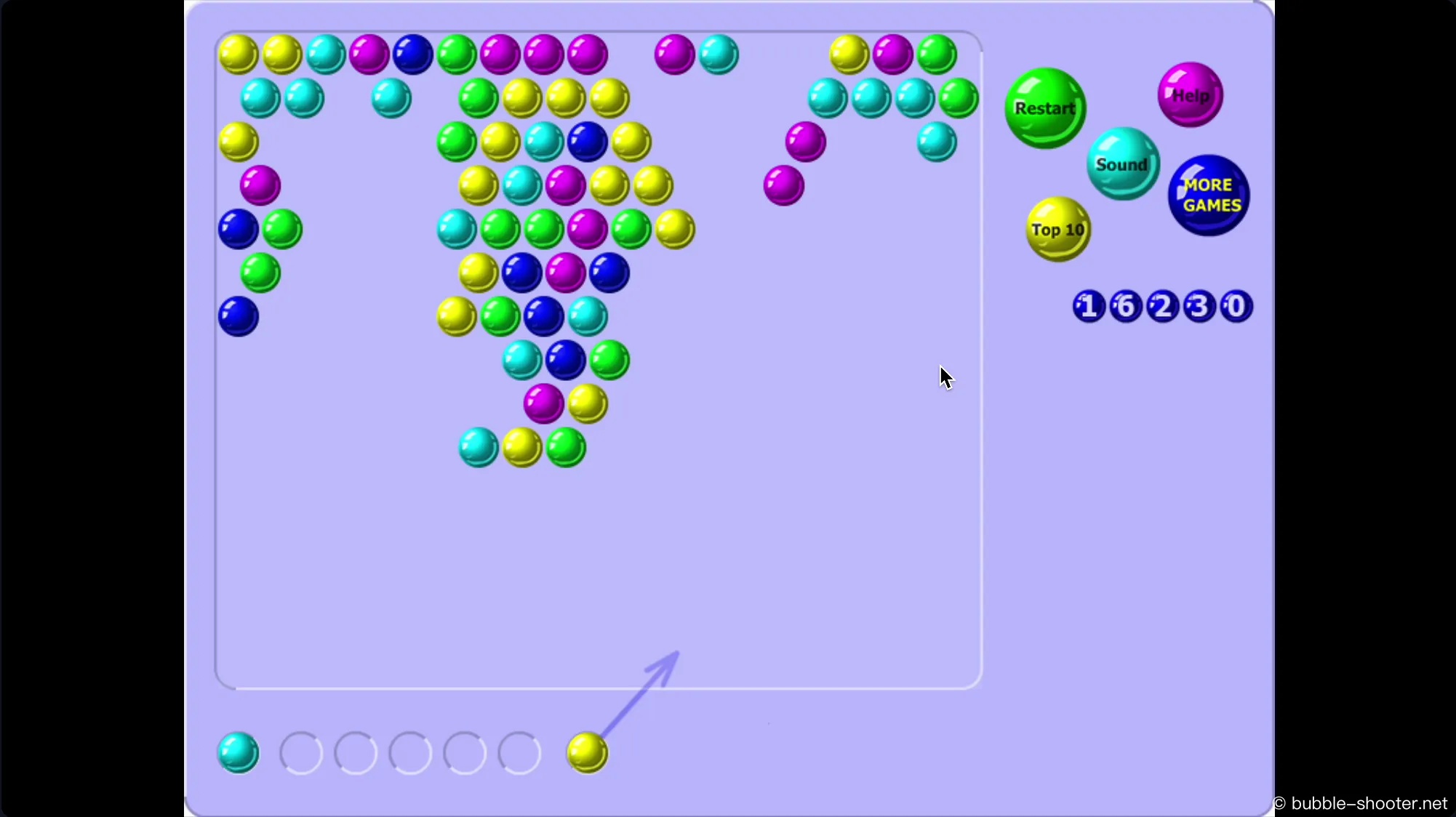 A massive chain reaction in Bubble Shooter where hitting a key hanging bubble causes a bubble avalanche, dropping dozens of bubbles at once